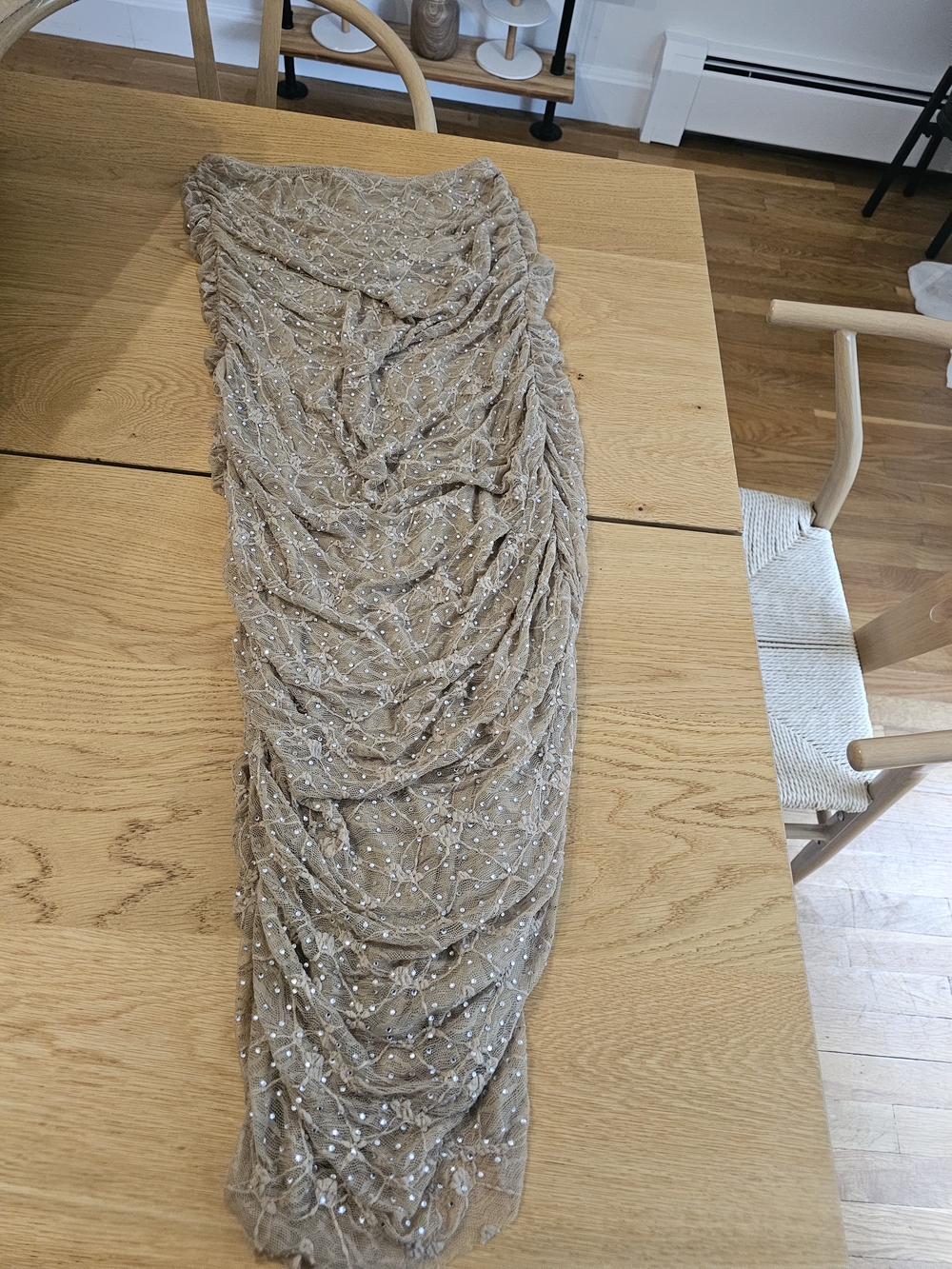 Zara Ruched Sequin Maxi Skirt in Beige